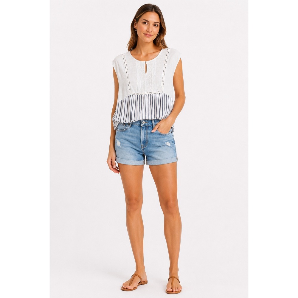 Skies Are Blue Women MP White Embroidered Striped Peplum Sleeveless Blouse Top